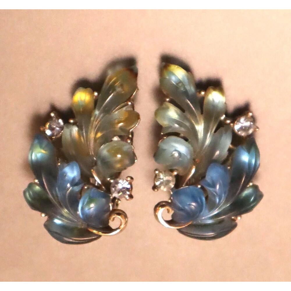 Lisner Lucite Ombre Leaf Earrings Blue Yellow Rhinestones
